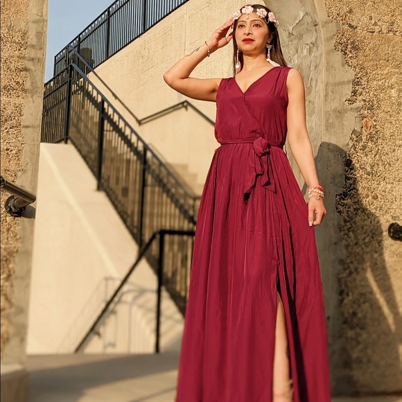 Plunge Wine Red Neck Sleeveless Belted Ruffled Maxi Dress - Picture 2 of 3